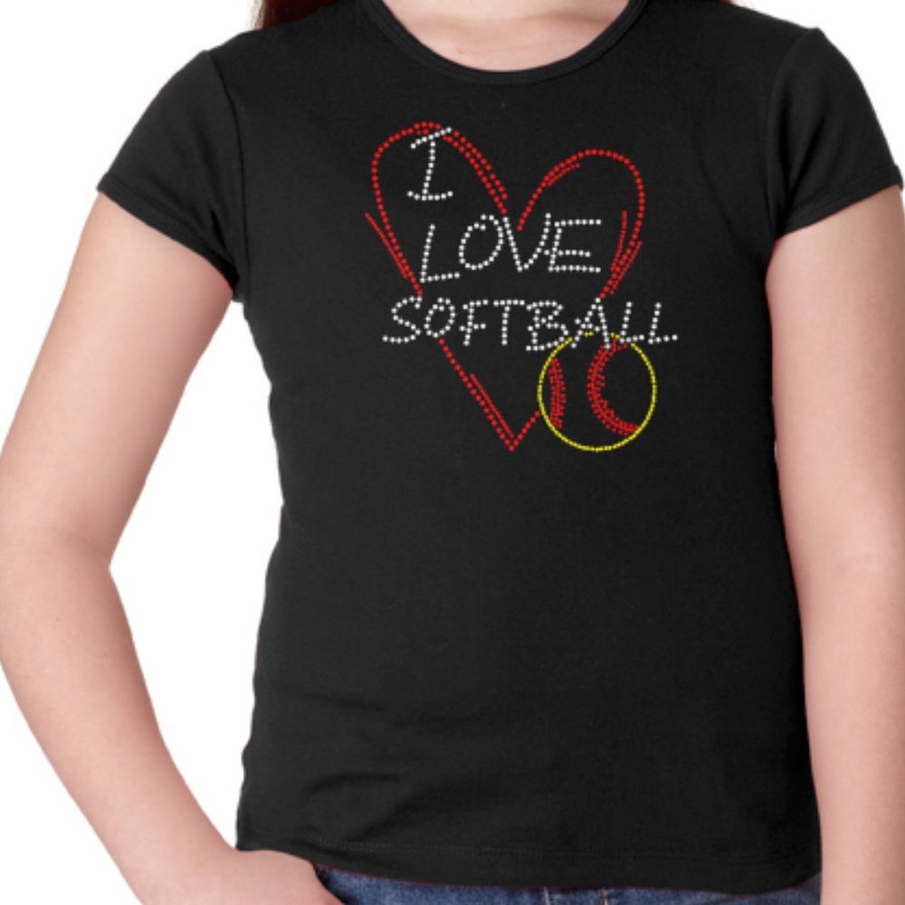 Girl's Rhinestone I Love Softball T-Shirt - New